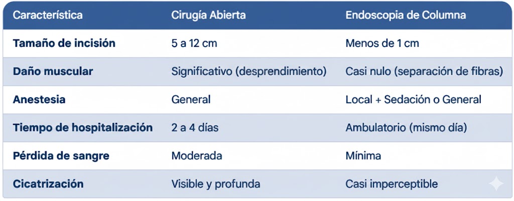 tabla diferencias entre cirugia abierta de columna y endoscopia de columna